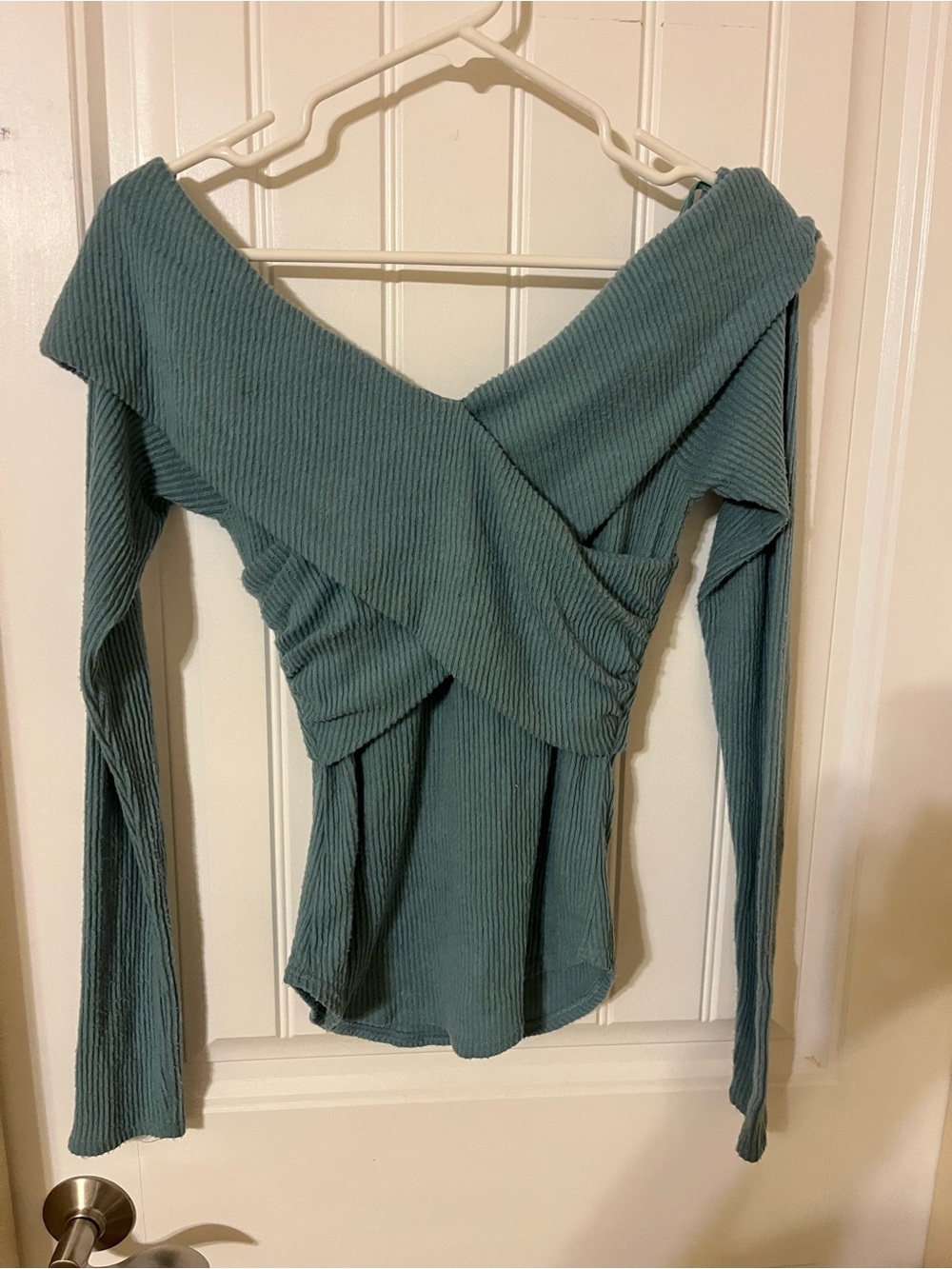 Free People Off-Shoulder Long Sleeve Top in Teal